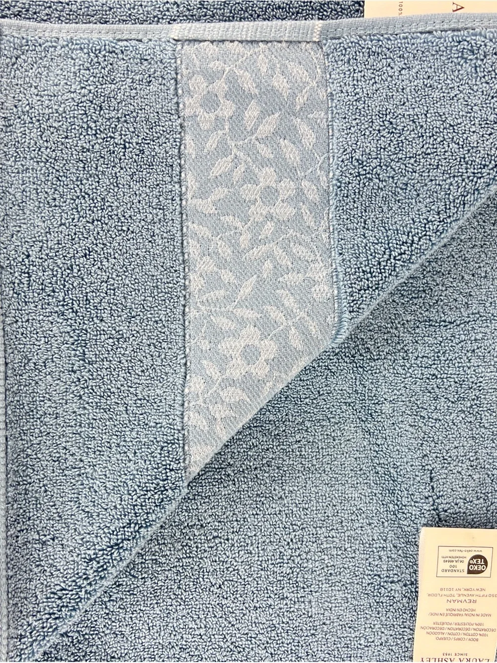 Laura Ashley Bath Towel Set MILLIE Blue with Leaf Trim 100% Cotton 2 Pc NEW